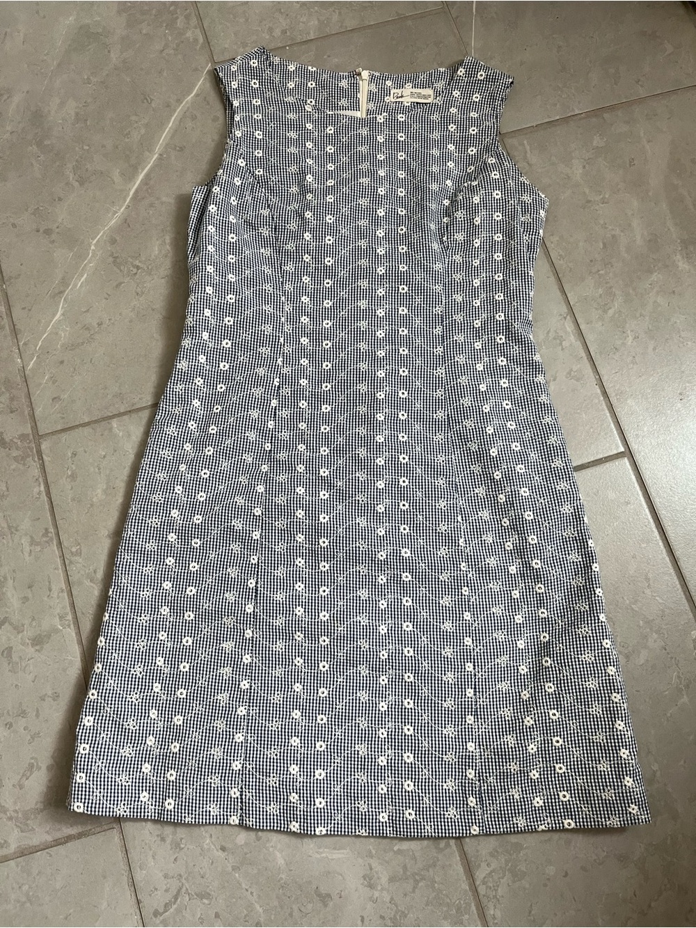 Sleeveless Navy and White Eyelet-Accent Midi Shift Dress